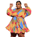 (S~5XL) 💋 Women Elegant Bohemian Tie Dye Long Sleeves V-Neck Large Swing Plus Size Dress