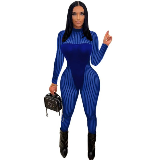 (S~XXL)💋 Women Sexy Striped Mesh;Mock Neck Long Sleeve Jumpsuit