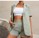 (S-3XL) 💋 Elegant Office Short Sleeves  Single-breasted Blazer And High Waist Shorts Set