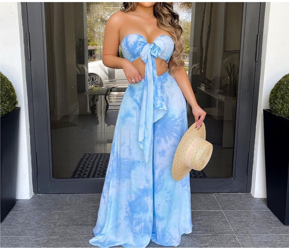 (S-XL) 💋 Women Elegant Strapless Sexy Tie Dye Printed Bandage Crop Tube Top And Wide Legs Pants Set