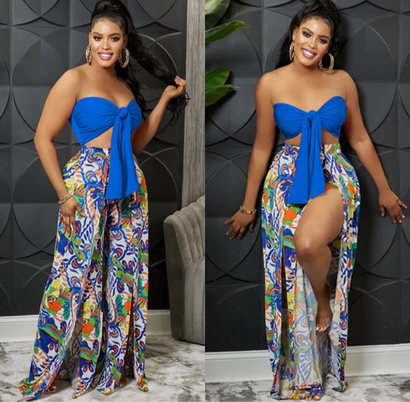 (S-2XL) 💋 Women Sexy Knotted Crop Top & Slit Wide Leg Pant Set