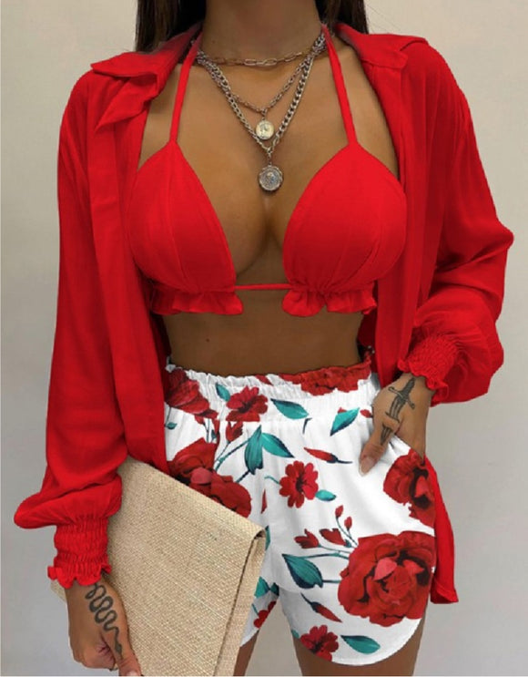 ( S-3XL ) 💋 Sexy Vacation Cardigans Shorts Three Piece Set.