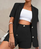 (S-3XL) 💋 Elegant Office Short Sleeves  Single-breasted Blazer And High Waist Shorts Set