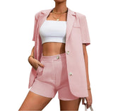 (S-3XL) 💋 Elegant Office Short Sleeves  Single-breasted Blazer And High Waist Shorts Set